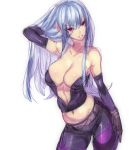  1girl arm_up bare_shoulders blue_hair breasts cleavage contrapposto elbow_gloves gloves hohehohe king_of_fighters kula_diamond large_breasts long_hair midriff navel parted_lips payot red_eyes simple_background sketch solo white_background 