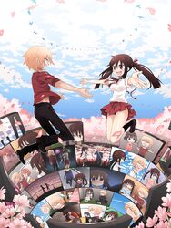  1boy 1girl :d bird blonde_hair blush bra brown_hair cherry_blossoms couple flashback hair_ribbon hairband happy hetero highres incipient_hug jealous long_hair memories open_mouth orange_hair original panties pantyshot petals pink_eyes pout ribbon sankakuhead school_uniform short_hair smile twintails underwear wavy_mouth 