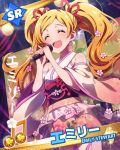  1girl blonde_hair character_name emily_stewart idolmaster idolmaster_million_live! japanese_clothes long_hair microphone musical_note signature singing smile twintails 