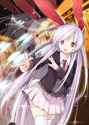  1girl afterimage akagashi_hagane animal_ears blazer blush bunny_tail finger_gun lavender_hair long_hair necktie open_mouth pleated_skirt rabbit_ears red_eyes reisen_udongein_inaba skirt solo sweater_vest tail thigh-highs touhou very_long_hair white_legwear zettai_ryouiki 