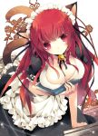  1girl animal_ears bent_over book breast_hold breasts cat_ears cat_tail cleavage long_hair looking_at_viewer maid maid_headdress mizuki_(hmndk) original red_eyes redhead smile solo tail 