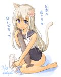  1girl :d animal_ears bare_shoulders barefoot blonde_hair blue_eyes cat cat_ears cat_tail dated flower hair_flower hair_ornament kantai_collection kemonomimi_mode long_hair lowres mashayuki open_mouth ro-500_(kantai_collection) smile solid_circle_eyes tail translation_request twitter_username 