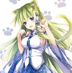  1girl :d animal_ears blue_eyes cat_ears cat_tail detached_sleeves green_hair kemonomimi_mode kochiya_sanae long_hair looking_at_viewer marimo_moka nontraditional_miko open_mouth paw_pose smile solo tail touhou very_long_hair 