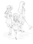  3girls alternate_costume armband book broom cornelia_(umineko) dlanor_a_knox drill_hair gertrude glasses megurimu monochrome multiple_girls pen school_uniform serafuku umineko_no_naku_koro_ni 