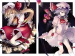  2girls ascot bat_wings blonde_hair family flandre_scarlet flower hat hat_ribbon jewelry kneehighs lavender_hair looking_at_viewer mob_cap multiple_girls open_mouth petals pointy_ears ponytail puffy_sleeves red_eyes remilia_scarlet ribbon rose rose_petals sash shirt short_hair short_sleeves siblings side_ponytail sisters skirt skirt_set smile sofy star star_(sky) touhou vest white_legwear wings wrist_cuffs 