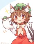  0_0 1girl :3 animal_ears brown_eyes brown_hair cat_ears chen closed_mouth commentary_request ibarashiro_natou jewelry long_sleeves mob_cap multiple_tails nekomata open_mouth short_hair single_earring tail touhou twitter_username two_tails 