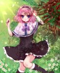  1girl boots bow capelet flower from_above gokukoku_no_brynhildr grass hairband kazumi_schlierenzauer lying on_back outdoors pink_hair purple_bow shadow smile solo tree ume_(pixiv624546) violet_eyes 