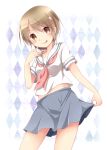  1girl argyle argyle_background brown_eyes brown_hair chikuwa_savi licking_lips looking_at_viewer neckerchief school_uniform serafuku shimogamo_yasaburou short_hair short_sleeves skirt skirt_lift smile solo tongue tongue_out uchouten_kazoku 