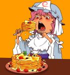  blueberry butter commentary_request dripping eating food fork fruit japanese_clothes kimono knife long_sleeves mob_cap obi onikobe_rin open_mouth orange_background pancake purple_hair red_eyes saigyouji_yuyuko sash short_hair stack_of_pancakes strawberry table teeth tongue touhou triangular_headpiece veil wide_sleeves 