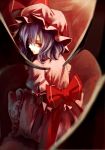  1girl bat_wings dress fami_(yellow_skies) hat hat_ribbon looking_at_viewer looking_back mob_cap pink_dress puffy_short_sleeves puffy_sleeves purple_hair red_eyes remilia_scarlet ribbon sash short_sleeves sitting solo touhou wings 