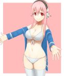  1girl bare_shoulders bikini blush breasts cleavage headphones large_breasts long_hair looking_at_viewer navel nitroplus off_shoulder open_clothes open_shirt outstretched_arms pink_hair red_eyes seramikku shirt smile solo super_sonico swimsuit thigh-highs 