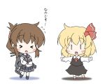  &gt;_&lt; 2girls black_dress black_legwear black_skirt blonde_hair bow brown_hair chibi closed_eyes dress fang flying_sweatdrops folded_ponytail hair_bow inazuma_(kantai_collection) kantai_collection long_sleeves moegi_yuu multiple_girls neckerchief open_mouth pleated_skirt ponytail red_bow rumia school_uniform serafuku simple_background skirt touhou translation_request white_background |_| 