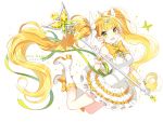  1girl ahoge bare_shoulders blonde_hair boots bow butterfly butterfly_hair_ornament dress gloves hair_ornament hair_ribbon high_heel_boots high_heels long_hair magical_girl nardack open_mouth original ribbon sleeveless smile solo staff twintails very_long_hair white_gloves yellow_eyes 
