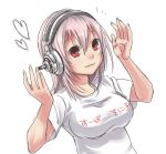  1girl :3 blush breasts headphones large_breasts looking_at_viewer nitroplus pink_hair red_eyes short_hair smile solo super_sonico 