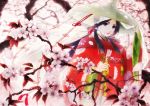 black_hair cherry_blossoms flower hat japanese_clothes kikkoumon kimono long_hair original payot see-through spring_(season) tassel tottome tree very_long_hair violet_eyes wind 