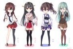  4girls :d ;o bare_shoulders black_hair boots braid brown_eyes brown_hair character_name chibi commentary detached_sleeves gloves green_eyes green_hair hakama_skirt haruna_(kantai_collection) headgear japanese_clothes kaga_(kantai_collection) kantai_collection long_hair looking_at_viewer multiple_girls muneate necktie nikkunemu nontraditional_miko noshiro_(kantai_collection) one_eye_closed open_mouth pleated_skirt sailor_collar school_uniform side_ponytail single_thighhigh skirt smile suzuya_(kantai_collection) thigh-highs thigh_boots twin_braids twitter_username white_gloves yugake 