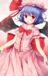  1girl bat_wings blue_hair bow fangs hat hat_ribbon highres jacket looking_at_viewer mob_cap open_clothes open_jacket pink_eyes puffy_short_sleeves puffy_sleeves red_eyes remilia_scarlet ribbon shone short_sleeves solo touhou wings 