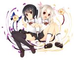  2girls black_hair black_legwear blue_panties blush fate/kaleid_liner_prisma_illya fate_(series) hair_ornament hairclip illyasviel_von_einzbern kaleidostick loafers long_hair looking_at_viewer magical_ruby magical_sapphire miyu_edelfelt multiple_girls open_mouth panties pantyshot pink_panties red_eyes sakuraba_hikaru_(artist) school_uniform shoes short_sleeves simple_background skirt smile thigh-highs underwear wand white_background white_hair white_legwear yellow_eyes 