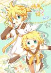  1boy 1girl arm_warmers beads blonde_hair bow brother_and_sister character_name green_eyes hair_bow hair_ornament hairclip headset kagamine_len kagamine_rin looking_at_viewer musical_note open_mouth outline school_uniform serafuku shorts siblings star translated treble_clef twins upper_body vocaloid zarathurtra 