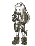  1girl ankle_boots backpack bag battle_rifle boots collar dress flat_chest full_body gun highres horns kantai_collection long_hair multicolored_eyes nameo_(judgemasterkou) northern_ocean_hime red_eyes rifle shinkaisei-kan solo weapon white_dress white_hair white_skin yellow_eyes 