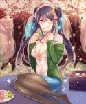  1girl black_hair breasts cherry_blossoms cleavage glasses hanami long_hair official_art pantyhose red_eyes senjou_no_electro_girl shina_shina solo tree twintails 