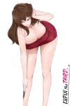  1girl bare_shoulders bent_over breasts brown_hair cleavage closed_eyes dress highres huge_breasts knife legs libre long_hair long_legs lupin_iii mine_fujiko red_dress shiny shiny_skin simple_background solo thighs white_background 
