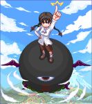  1girl braid brown_eyes brown_hair clouds evil_eye_sigma hand_on_hip long_hair lowres pixel_art pointing pointing_up rika_(touhou) shorts sky smile solo touhou touhou_(pc-98) unk_kyouso wings 