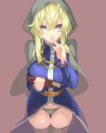  1girl black_legwear black_panties blonde_hair blue_eyes book breast_press breasts finger_to_mouth goenitz hair_between_eyes highres hohehohe hood king_of_fighters large_breasts looking_at_viewer panties parted_lips solo tagme thigh-highs underwear 