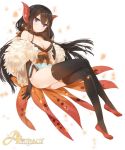  1girl bare_shoulders black_gloves black_hair black_legwear blue_eyes breasts choker cleavage crossed_legs elbow_gloves gloves hand_to_own_mouth horns long_hair low_twintails no_panties obi personification pokemon sash sitting smile solo thigh-highs twintails volcarona yonggi 