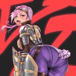  1girl ass bent_over breasts chiyo_koharu goggles league_of_legends long_hair looking_at_viewer pantylines pink_eyes pink_hair solo tattoo tongue vi_(league_of_legends) 