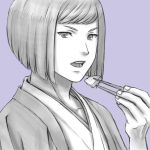  1boy 634 eating fire_emblem fire_emblem_if hisame_(fire_emblem_if) japanese_clothes kimono looking_at_viewer monochrome open_mouth purple_background simple_background solo 
