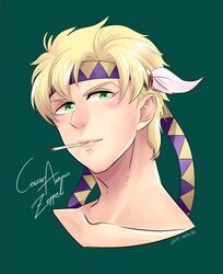  1boy blonde_hair caesar_anthonio_zeppeli character_name cigarette dated facial_mark feathers hair_feathers jojo_no_kimyou_na_bouken nishiyama_(whatsoy) solo 