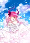  1girl azusa_(sarie303030) blue_eyes blush bride detached_sleeves fang fate/extra fate/extra_ccc fate_(series) highres lancer_(fate/extra_ccc) pink_hair pointy_ears skirt_hold solo tears two_side_up 