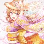  1girl arm_up brown_hair catbell cherry_blossoms floral_print flower hat hat_ribbon japanese_clothes kimono long_hair obi open_mouth ribbon sash solo 