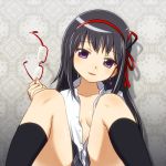  1girl akemi_homura black_hair breasts glasses glasses_removed hair_ribbon kneehighs long_hair mahou_shoujo_madoka_magica ribbon sat-c sitting skirt unbuttoned violet_eyes 