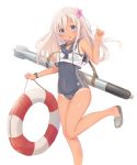  1girl blonde_hair blue_eyes crop_top flower hair_flower hair_ornament highres kagerou_(shadowmage) kantai_collection lifebuoy long_hair ro-500_(kantai_collection) school_swimsuit solo swimsuit tan tanline torpedo 