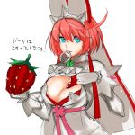  1girl ahoge blue_eyes breasts cleavage clover deep_skin dress elphelt_valentine explosive food four-leaf_clover fruit gloves grenade grenade_pin guilty_gear guilty_gear_xrd hairband hat highres huge_ahoge kimuchi large_breasts mouth_hold pink_hair short_hair solo spikes strawberry translation_request veil 