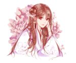  1girl 4summers braid brown_hair chinese_clothes eyelashes floral_print flower_request hair_bun hair_ornament long_hair looking_at_viewer original pink_flower red_eyes signature simple_background solo white_background 
