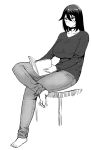  1girl alternate_costume book breasts highres kantai_collection large_breasts long_hair nagato_(kantai_collection) pants reading simple_background sitting solo synecdoche white_background 