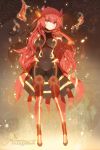  1girl bodysuit covered_navel elbow_gloves flame full_body gloves groudon hair_ornament hand_to_own_mouth long_hair looking_at_viewer payot personification pokemon red_gloves redhead solo very_long_hair yellow_eyes yonggi 