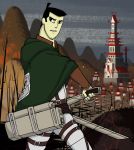  1boy cartoon_network crossover samurai_jack samurai_jack_(character) shingeki_no_kyojin solo three-dimensional_maneuver_gear 