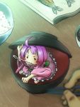  1girl blurry blush_stickers chamaji chopsticks commentary_request depth_of_field fish highres in_bowl in_container japanese_clothes kimono minigirl mouth_hold needle plate pov_hands purple_hair rice rice_bowl sukuna_shinmyoumaru touhou wide_sleeves 