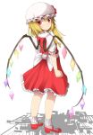  1girl ankle_socks blonde_hair clenched_hand flandre_scarlet frilled_skirt frills frown full_body hat hat_ribbon looking_at_viewer looking_back mary_janes mob_cap red_eyes ribbon shoes short_sleeves side_ponytail simple_background skirt skirt_set solo standing touhou uumaru1869 white_background wings 