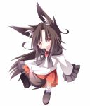  1girl animal_ears blush brooch brown_hair daidai_ookami dress fang imaizumi_kagerou jewelry long_hair long_sleeves looking_at_viewer open_mouth red_eyes simple_background solo tail touhou white_background wolf_ears wolf_tail 