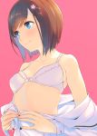  1girl blue_eyes blush bra breasts brown_hair cleavage flower hair_ornament hairclip open_clothes open_shirt original shirt short_hair small_breasts smile solo tatami_to_hinoki unbuttoned underwear undressing 