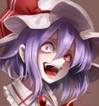  1girl ascot brooch crazy_eyes crazy_laugh fami_(yellow_skies) fangs hat hat_ribbon highres jewelry looking_at_viewer mob_cap purple_hair red_eyes red_ribbon remilia_scarlet ribbon shirt short_hair solo touhou upper_body 