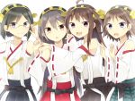  4girls ahoge brown_hair brown_skirt detached_sleeves double_bun glasses grey_hair hair_ornament hairband hairclip haruna_(kantai_collection) headgear hiei_(kantai_collection) highres kantai_collection kirishima_(kantai_collection) kongou_(kantai_collection) long_hair looking_at_viewer multiple_girls nontraditional_miko plaid plaid_skirt pleated_skirt red_skirt ribbon-trimmed_sleeves ribbon_trim simple_background skirt violet_eyes white_background yuusa 