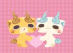 :3 brothers chuno from_behind heart koma-san komajirou looking_back no_humans open_mouth pink_background siblings standing triangle_mouth youkai youkai_watch 