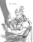  1boy beads cup dougi gouki greyscale highres kimuchi monochrome muscle no_pupils prayer_beads reading short_hair sitting sketch solo street_fighter teacup topknot 
