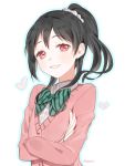  1girl artist_name black_hair bow bowtie grin heart high_ponytail long_sleeves looking_at_viewer love_live!_school_idol_project marin_(myuy_3) ponytail profile red_eyes school_uniform smile solo yazawa_nico 